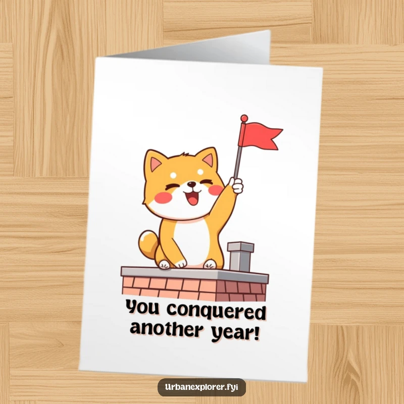 Funny Free Printable birthday card featuring a delighted Shiba Inu planting a flag on a rooftop, celebrating a triumph.