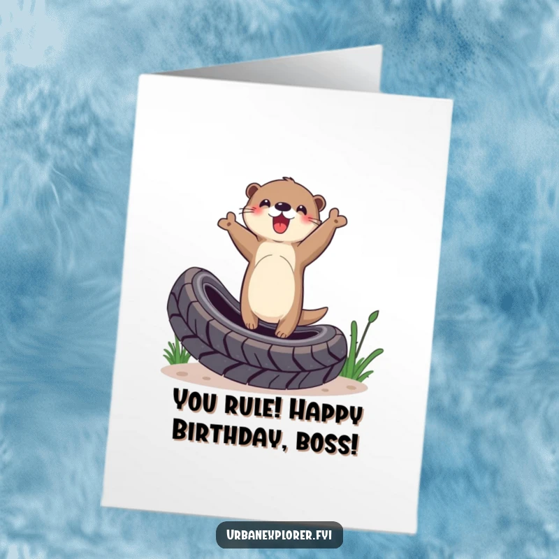 Funny Free Printable Birthday Card: A delighted otter balances triumphantly on a discarded tire, celebrating achievements and fun.