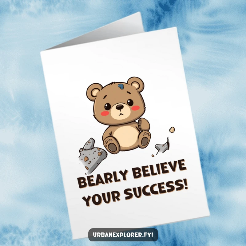 Funny Free Printable Congratulations Card: Whimsical cartoon bear savoring the details of industrial decay, celebrating resilience and unique beauty.