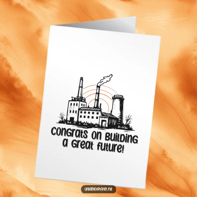 Free Printable Congratulations Card: A sketchy factory outline at sunset, conveying congratulations with a sense of accomplishment and beauty.