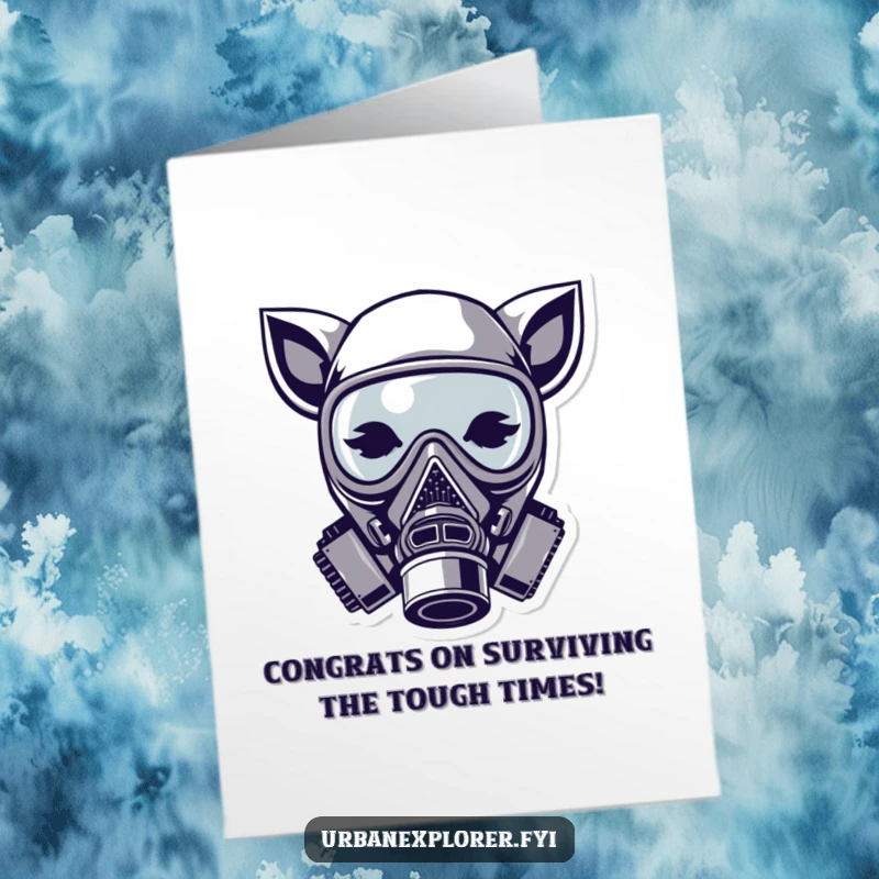 Funny Free Printable Congratulations Card: A stylized gas mask with adorable animal ears, offering congratulations with a playful and unique vibe.