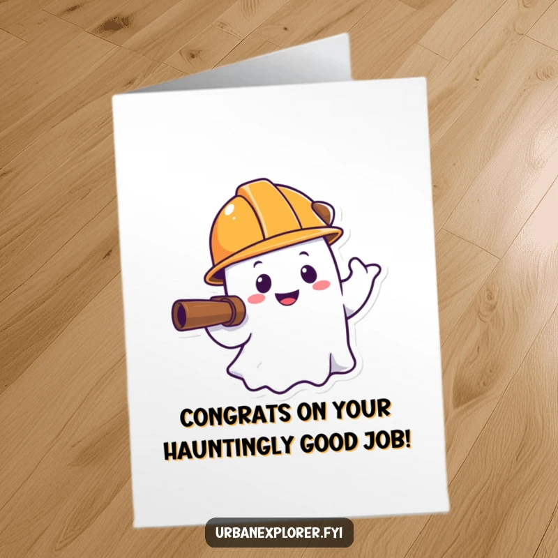 Funny Free Printable Congratulations Card: A smiling ghost in a hard hat, exploring and offering congratulations with a touch of construction fun.
