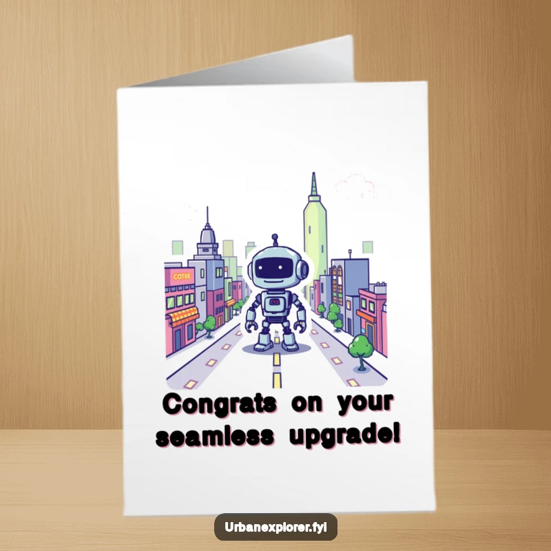 Funny Free Printable Congratulations Card: A friendly, lost robot in a pixelated cityscape, conveying congratulations with a unique, digital aesthetic.