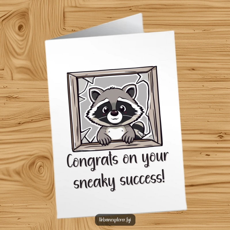 Funny Free Printable Congratulations Card: A cheeky raccoon peers through a broken window, offering congratulations with a playful, sneaky expression.