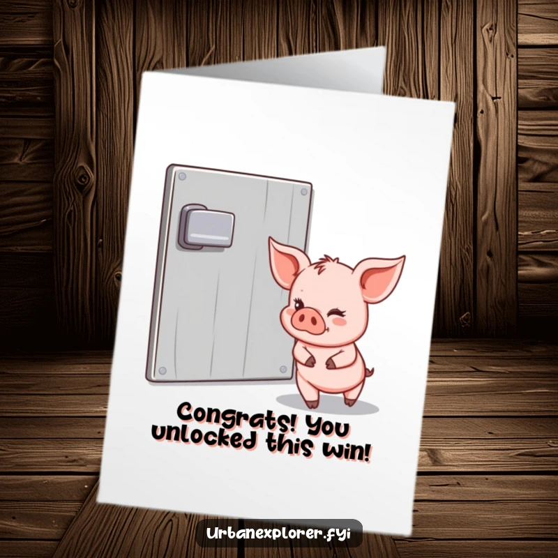 Funny Free Printable Congratulations Card: A piglet winks slyly while tiptoeing past a padlocked door, celebrating a sneaky success.