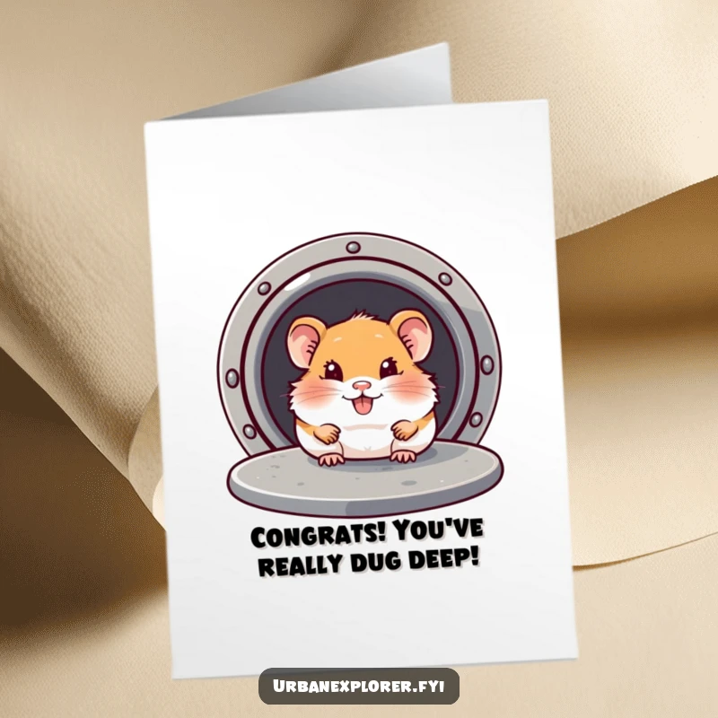Funny Free Printable Congratulations Card: A smiling hamster peeks mischievously from under a manhole cover, celebrating success.