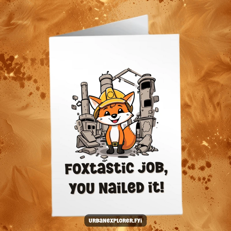 Funny Free Printable Congratulations Card: Cartoon fox in hard hat celebrates success, exploring a factory, a humorous congratulatory message.