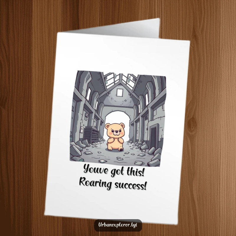 Funny Free Printable Congratulations Card: Brave bear investigating a warehouse, ears alert, symbolizing successful exploration and achievements.