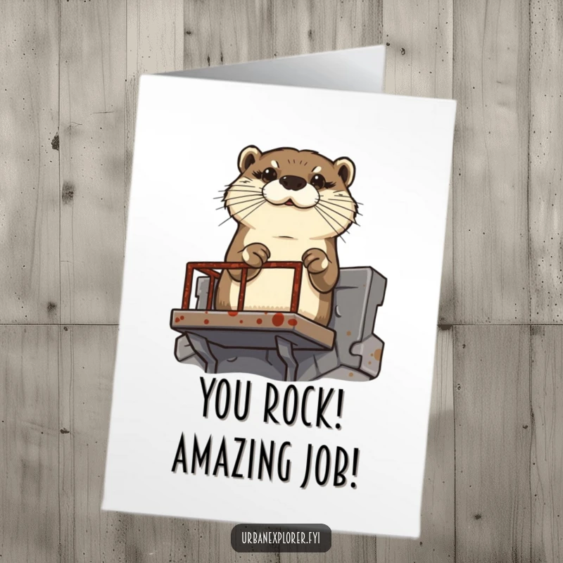 Funny Free Printable Congratulations Card: Determined otter climbing a fire escape, symbolizing focus and reaching goals, perfect for congrats.