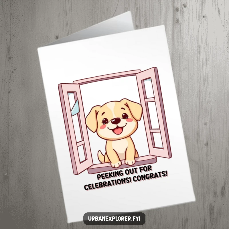 Funny Free Printable Congratulations Card: A dog's head pokes out of a broken window, curiously observing and celebrating achievements.