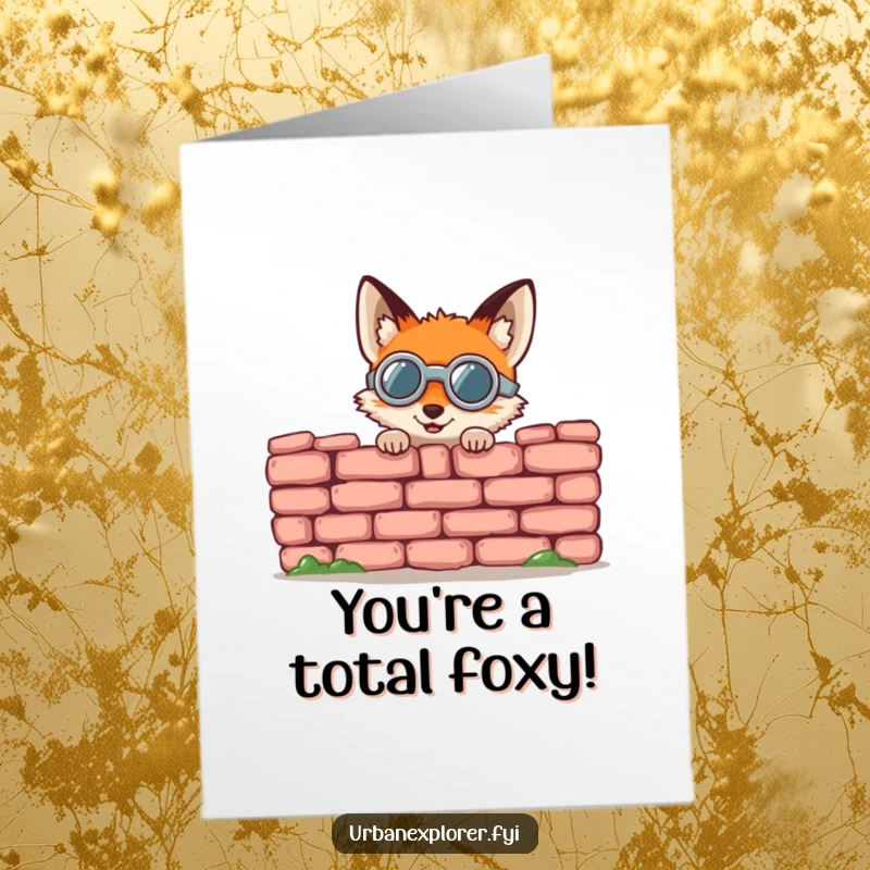 Funny Free Printable Congratulations Card: A round fox in goggles peeks out with pure glee from behind a brick wall.