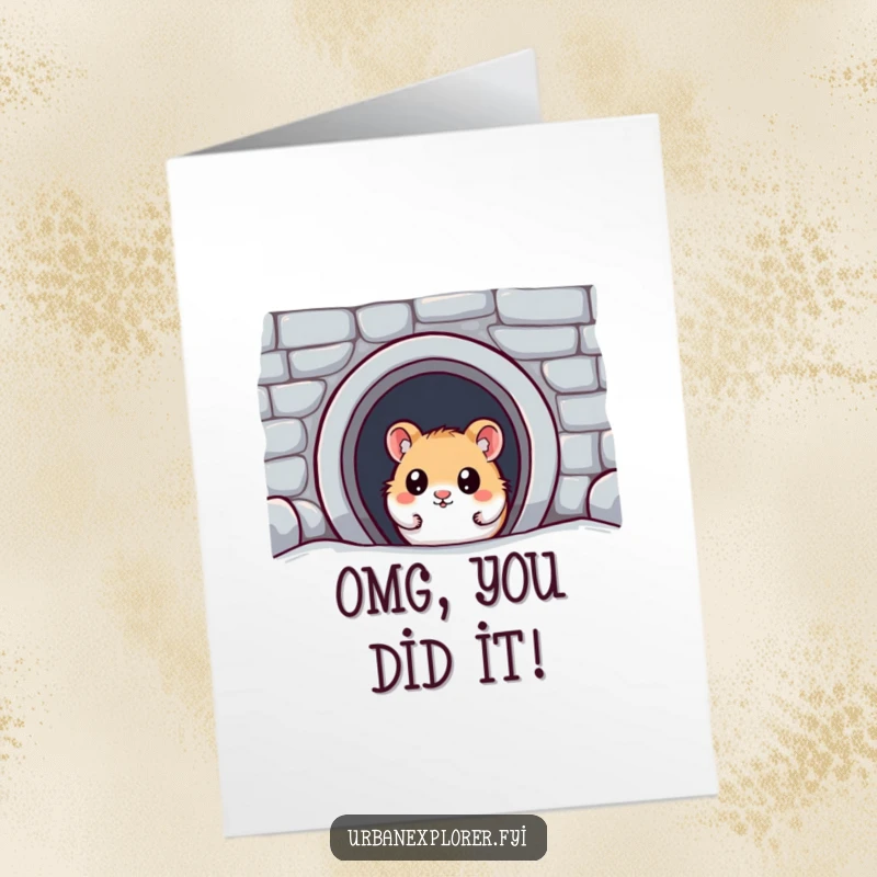 Funny Free Printable Congratulations Card: A kawaii hamster with wide eyes looks amazed at finding a hidden subway entrance.