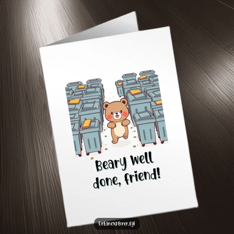 Funny Free Printable Congratulations Card: A brave bear joyfully navigates a maze of dumpsters, celebrating an achievement.