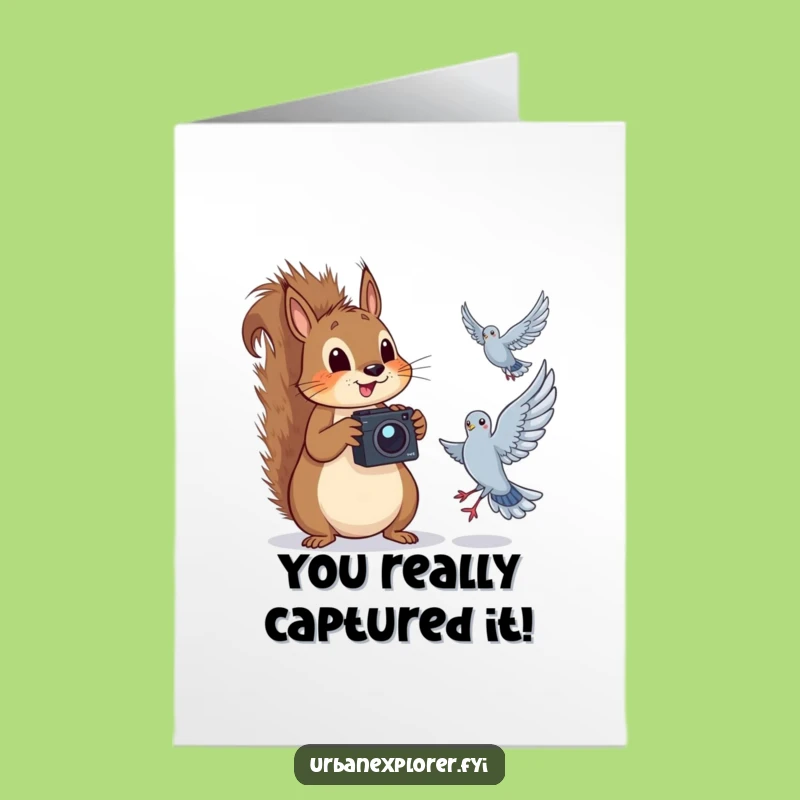 Free Printable Congratulations Card: Squirrel Photographer Captures Pigeon Success, Funny Downloadable