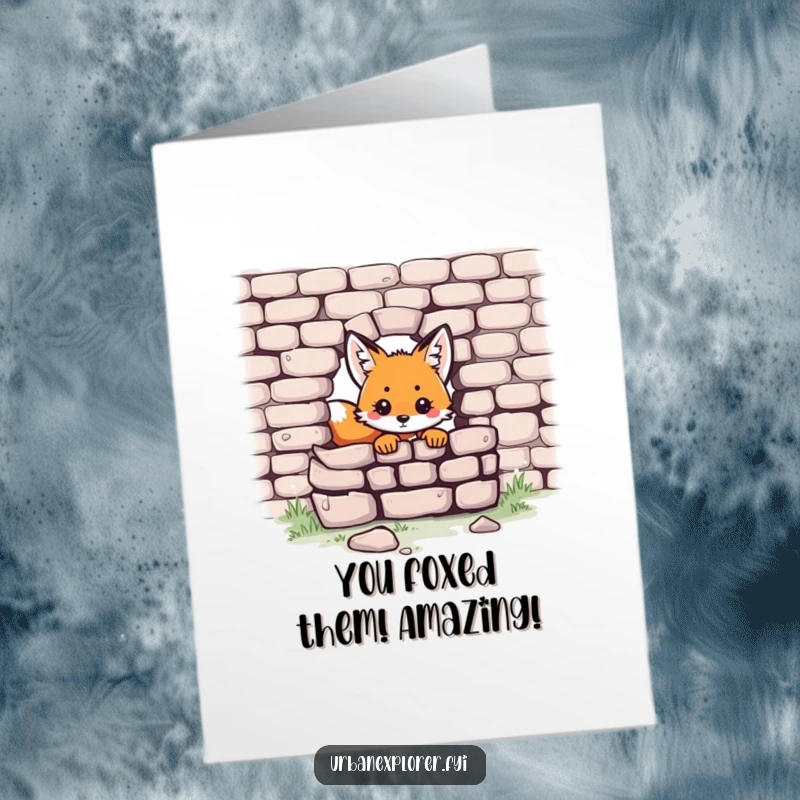 Funny Free Printable Congratulations Card: A small Kawaii fox peeking curiously from behind a crumbling brick wall, celebrating an achievement.