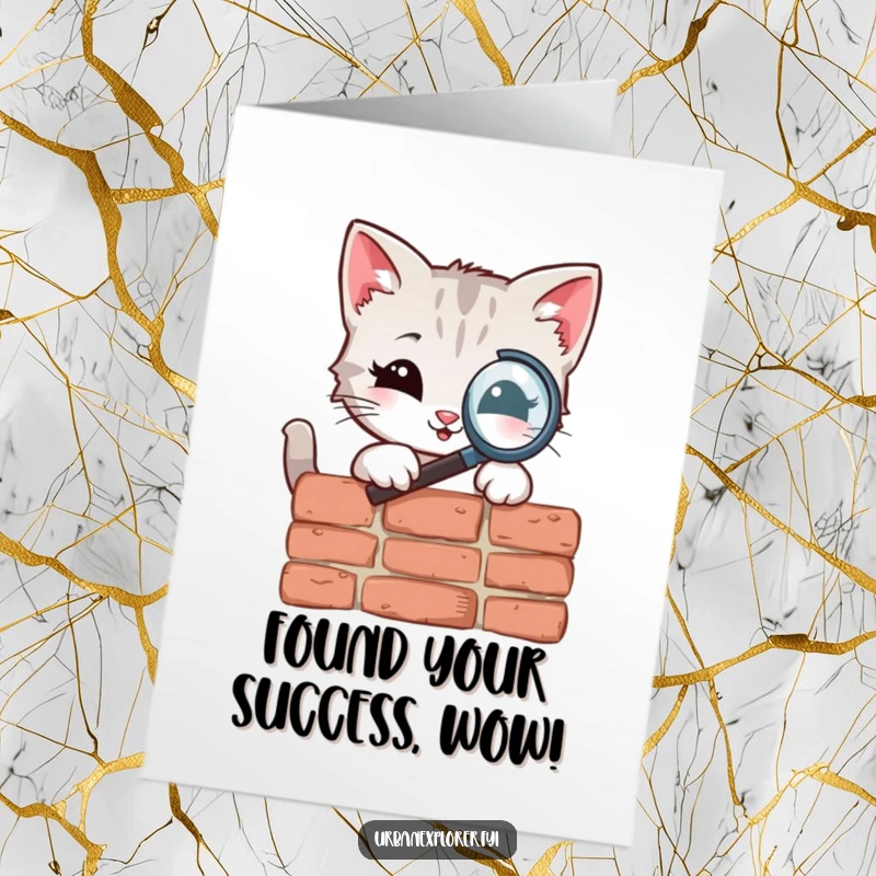Funny Free Printable Congratulations Card: Kitten uses a magnifying glass to inspect a brick, celebrating success with sharp, feline focus.