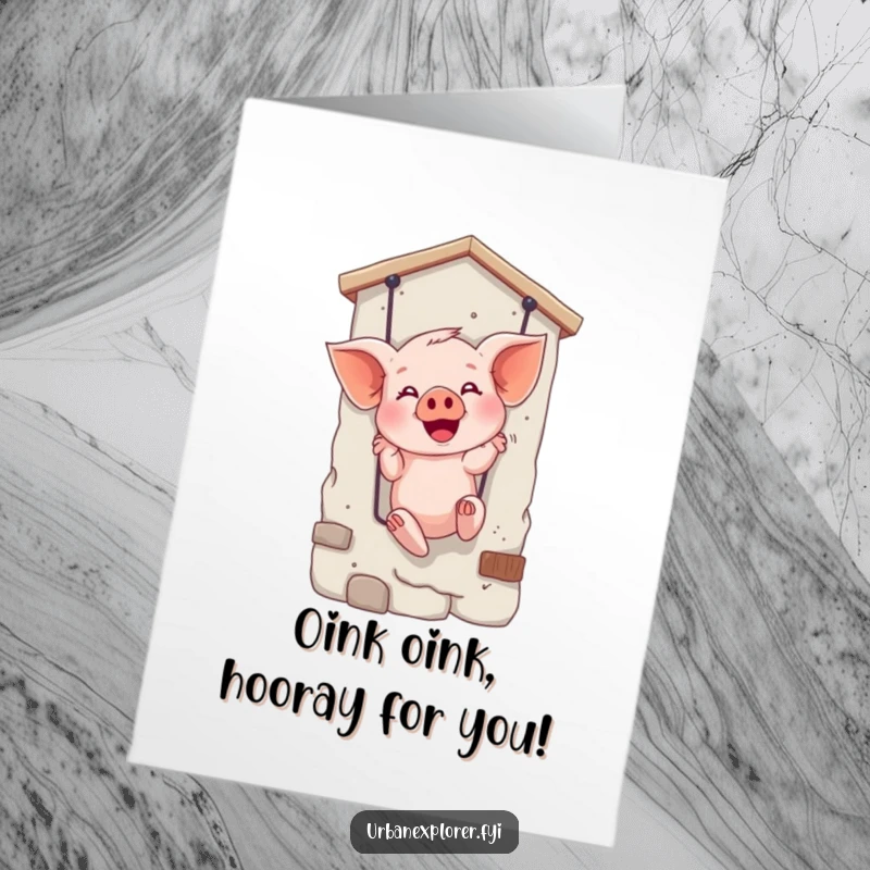 Funny Free Printable Congratulations Card: Giggling piglet rappelling down a facade, celebrating success, humorous downloadable art.