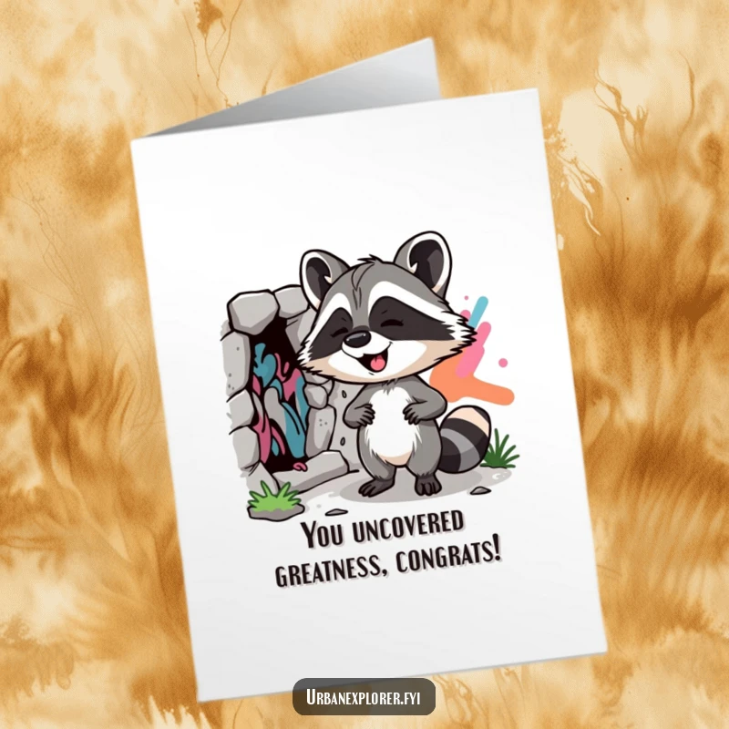 Funny Free Printable Raccoon Congratulations Card, a giggling raccoon finds a hidden street art mural, celebrating success, downloadable.