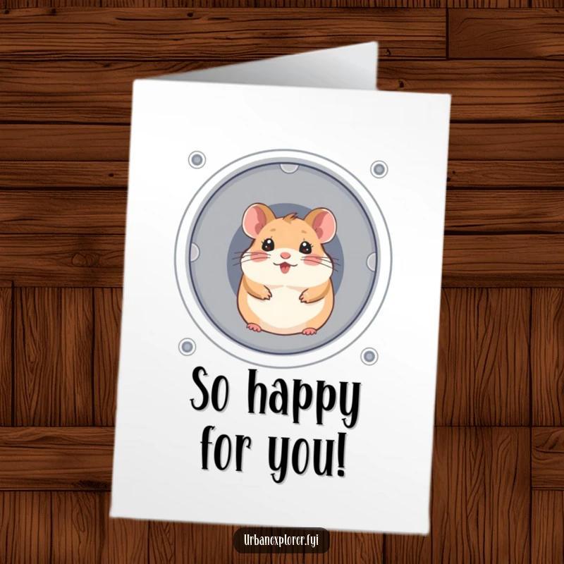 Funny Free Printable Congratulations Card: A cheerful hamster emerges from a ventilation shaft, celebrating a big win happily.