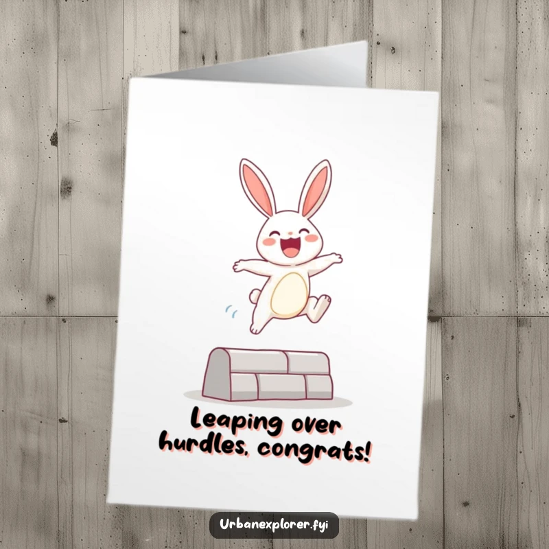 Funny Free Printable Congratulations Card: Bunny joyfully leaps over an urban obstacle, signifying victory and overcoming challenges with energetic flair.