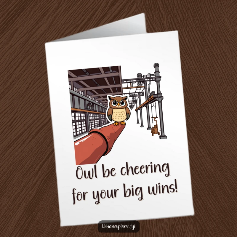 Funny Free Printable Congratulations Card: Cheerful owl perched on rusty pipe, humorously celebrating industrial success.