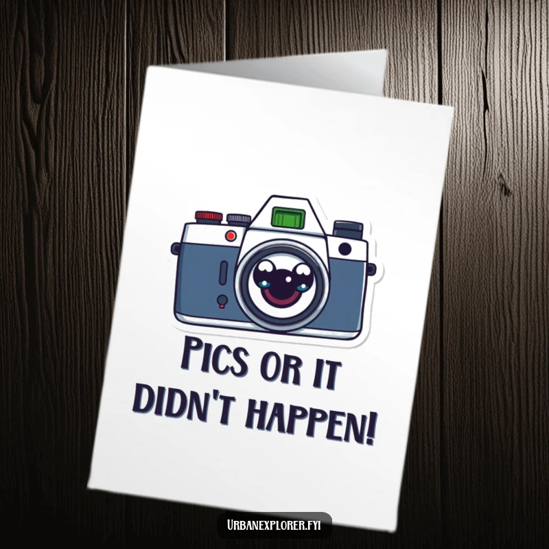 Funny free printable congratulations card with a retro camera sporting surprised cartoon eyes, humorously celebrating achievements.