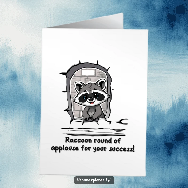 Funny Free Printable Congratulations Card: Mischievous raccoon discovers something in a warehouse, offering adventurous, humorous congratulations.