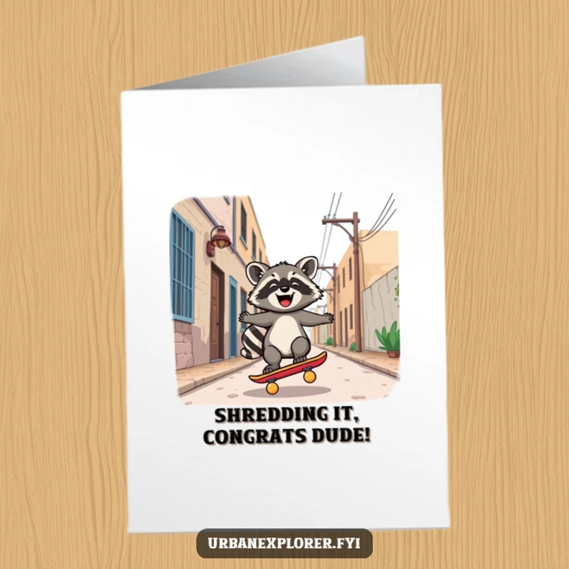 Funny free printable congratulations card with a joyful Kawaii raccoon cruising on a skateboard down a deserted alley.