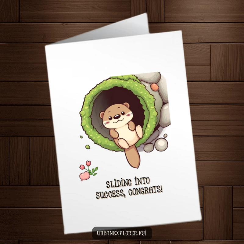 Funny Free Printable Congratulations Card: Otter triumphantly slides down a drainpipe, conveying excitement and congratulations for a job well done.