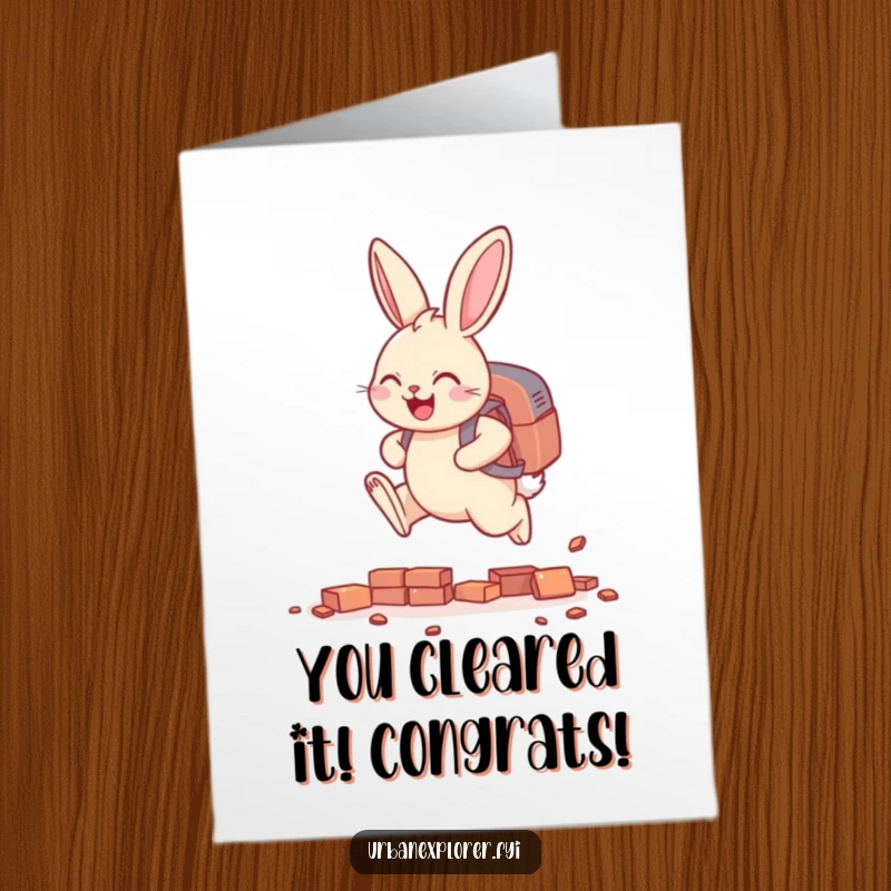 Funny Free Printable Congratulations Card: Smiling bunny with backpack leaping over bricks, celebrating achievements, overcoming obstacles with humor.