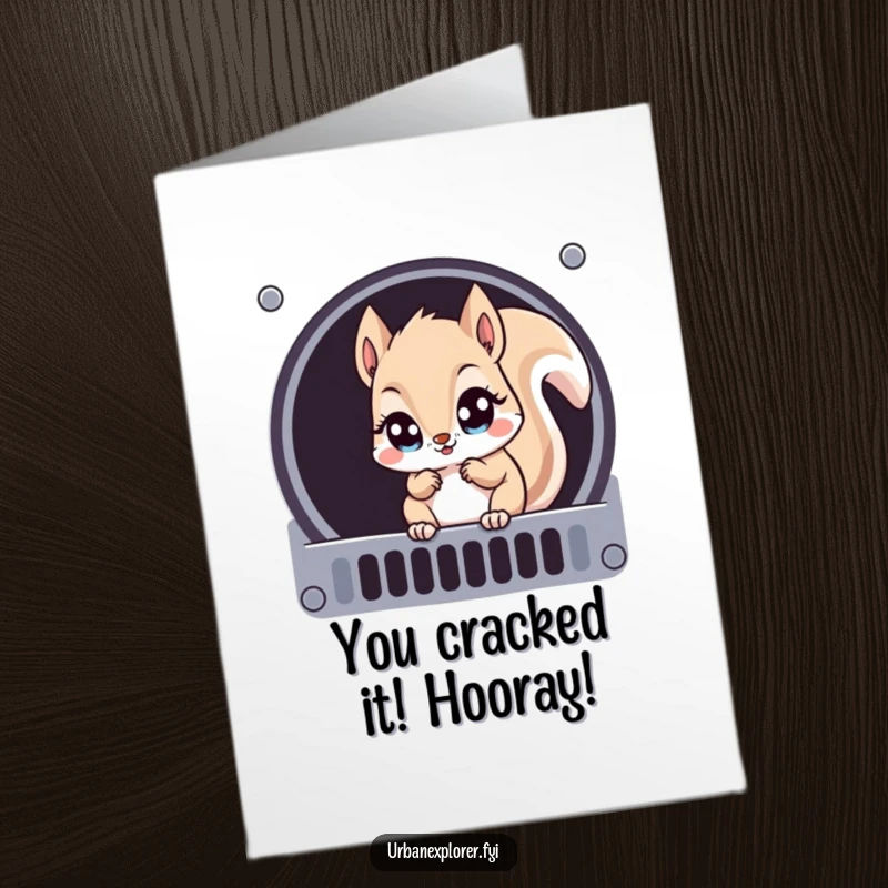 Funny Free Printable Congrats Card: Mischievous Kawaii squirrel peering through a grate, celebrating a friend's great success.