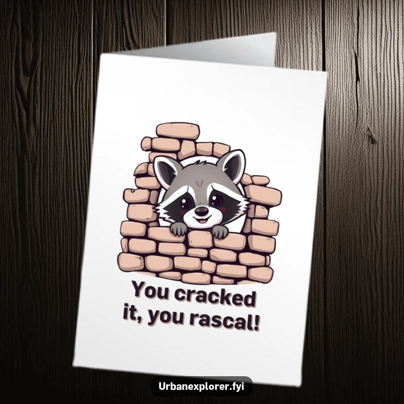 Funny Free Printable Congrats Card: Cheerful raccoon peeking with wide eyes from behind a crumbling brick wall, celebrating success.