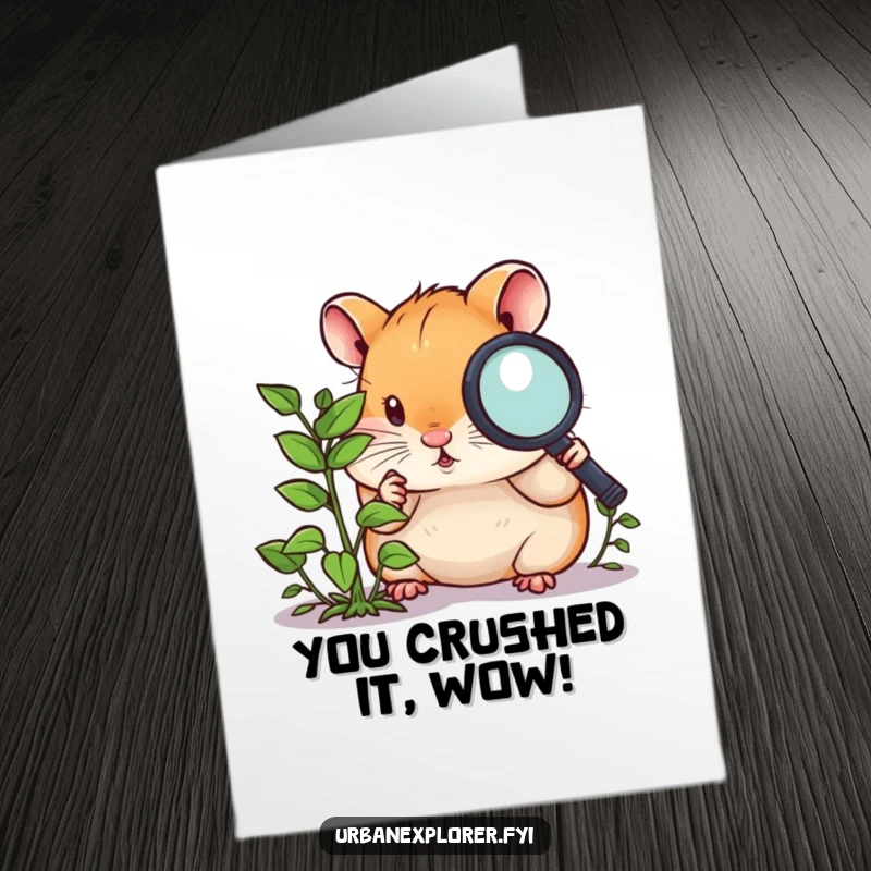 Funny Free Printable Congratulations Card: A hamster uses a magnifying glass to discover a tiny weed, symbolizing a major find.