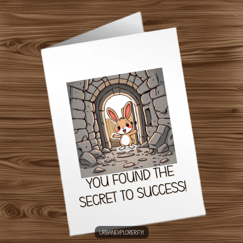 Funny Free Printable Congratulations Card: A silly cartoon rabbit finds a hidden doorway amidst an abandoned city, celebrating a new discovery.