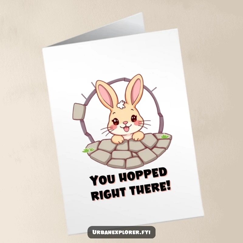 Funny Free Printable Congratulations Card: A happy bunny peeks through a grate, symbolizing new opportunities and success.