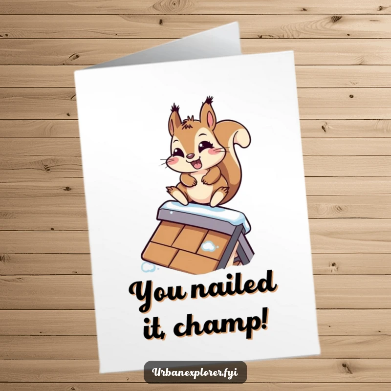 Funny Free Printable Congratulations Card: Kawaii squirrel joyfully sliding down a slippery rooftop, celebrating success with a big grin.