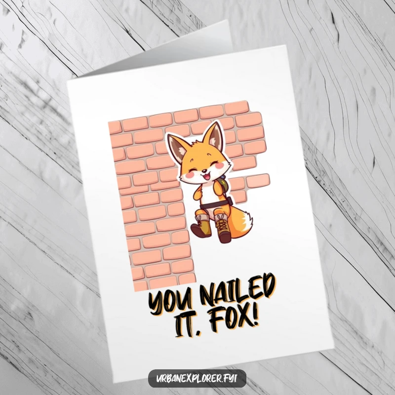 Funny Free Printable Congratulations Card: A smiling fox in boots rappels down a wall, signifying overcoming challenges.