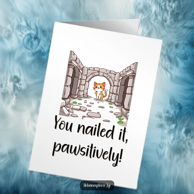 Funny Free Printable Congratulations Card: Lighthearted cartoon cat exploring the remnants of a historical site, commemorating a grand achievement.