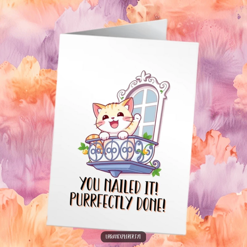 Funny Free Printable Congratulations Card: A gleeful cat rappelling down a balcony, celebrating your epic success.