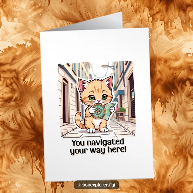 Funny Free Printable Congratulations Card: A playful kitten navigates a city alley with a compass and map, symbolizing a successful quest.