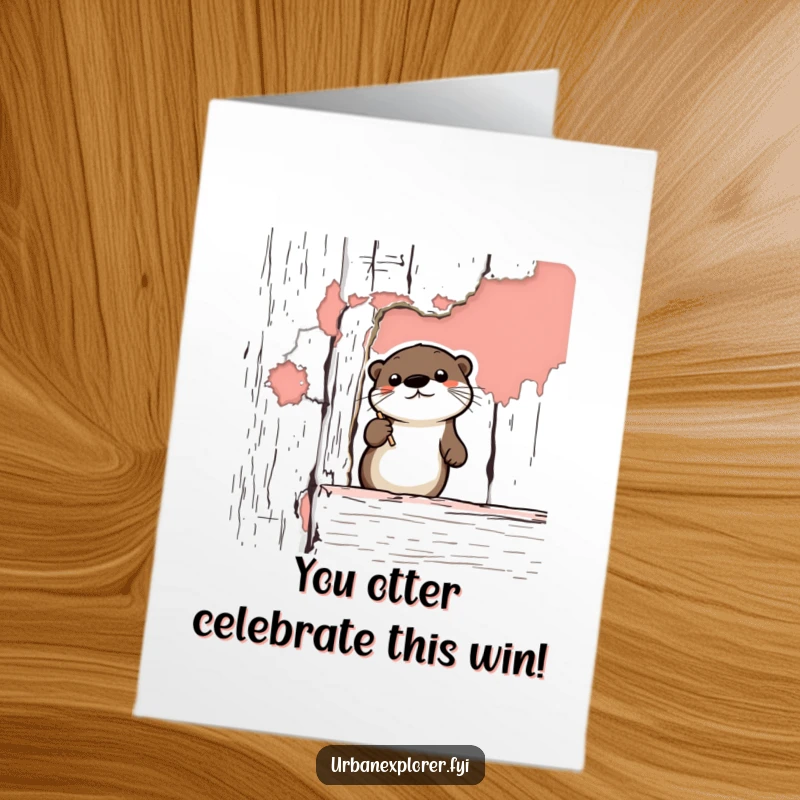 Funny Free Printable Congratulations Card showcasing a cute cartoon otter intently observing peeling paint on an old building, expressing unique appreciation.