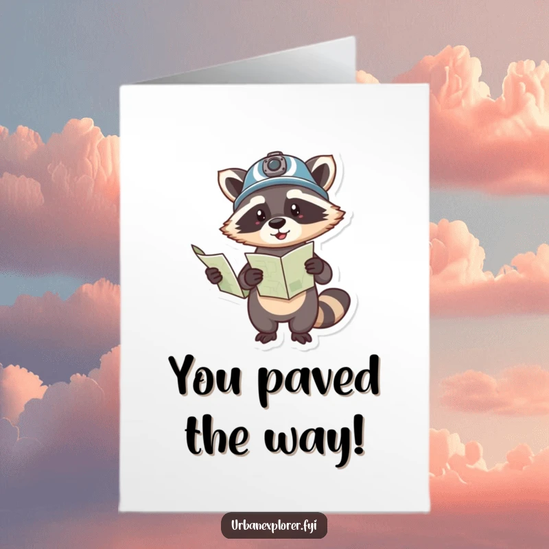 Funny Free Printable Congratulations Card showing a playful raccoon with a map, celebrating a successful journey. Hilarious downloadable achievement.