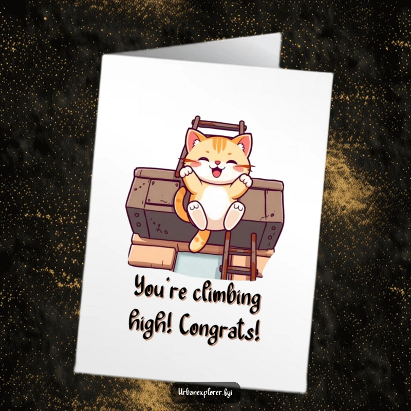Funny Free Printable Congratulations Card: A cheerful Kawaii cat swinging dynamically off a rusty fire escape ladder, celebrating a big win.