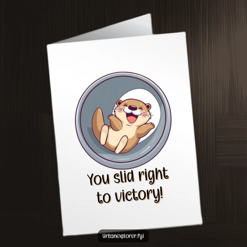 Funny Free Printable Congratulations Card: Joyful otter grinning sliding down a drainage pipe, celebrating achievements with humorous energy.
