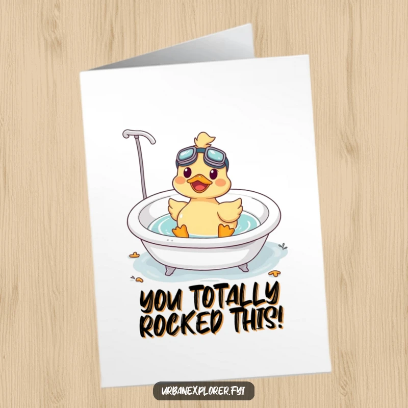 Funny Free Printable Congrats Card: Happy Kawaii duck in goggles, floating in a tub, celebrating a friend's amazing achievement.