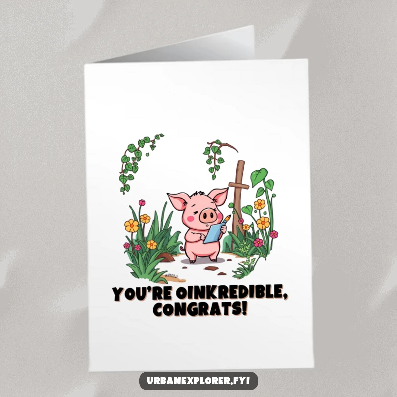 Funny Free Printable Congratulations Card: Goofy cartoon pig captures the beauty of an overgrown, forgotten garden in a sketch, celebrating new blooms.