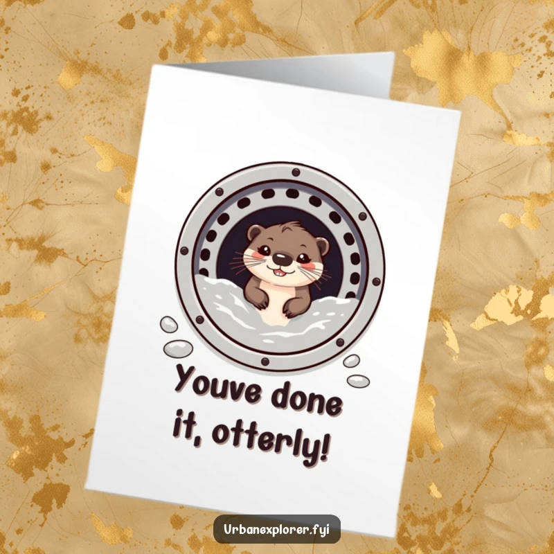 Funny Free Printable Congratulations Card: A small otter grins from a sewer grate, celebrating success with a cheeky expression.