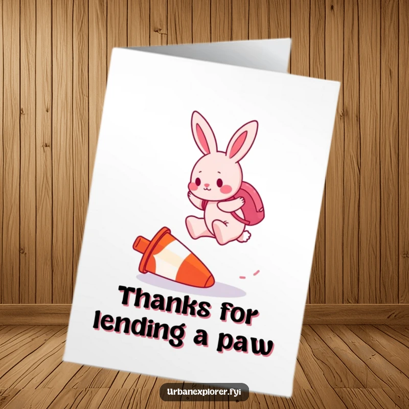 Funny Free Printable Thank You Card: Pink bunny with backpack jumps over a cone, showing appreciation.