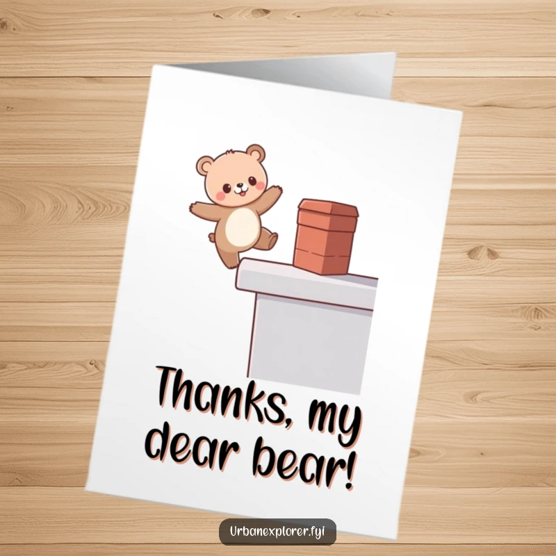 Funny Free Printable Thank You Card: A kawaii bear balances precariously on a rooftop, offering thanks.