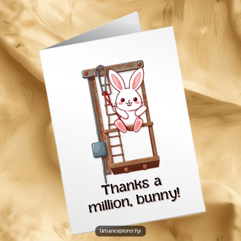 Funny Free Printable Thank You Card: A kawaii bunny rappels down a rusty fire escape, conveying thanks.